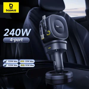 240W 4-Port Car Charger with Retractable USB-C Cable